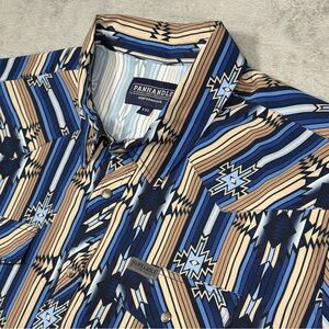 Panhandle Aztec Western Snap Shirt Mens XXL Blue Tan Short Sleeve Rodeo Cowboy